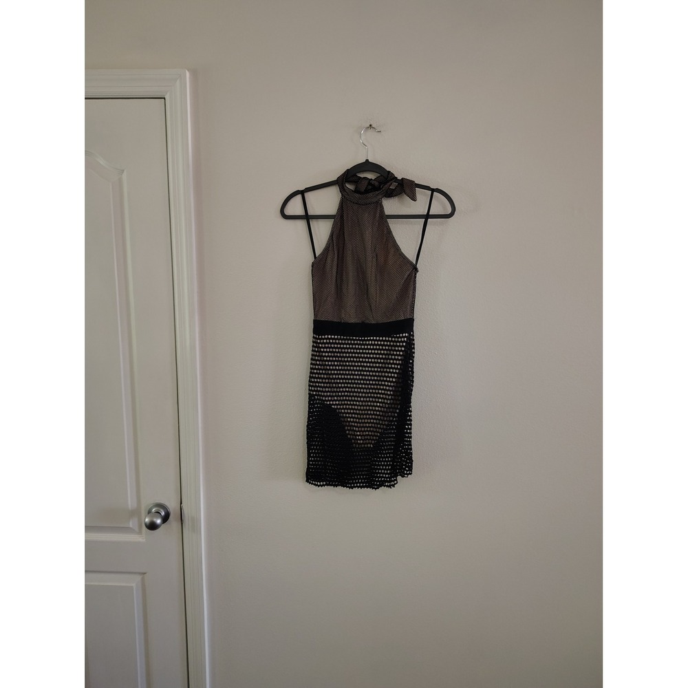 K. JEN Women Black Nude Mesh Halter Neck Mini Dress Clubwear Size‎ M H33238 NEW